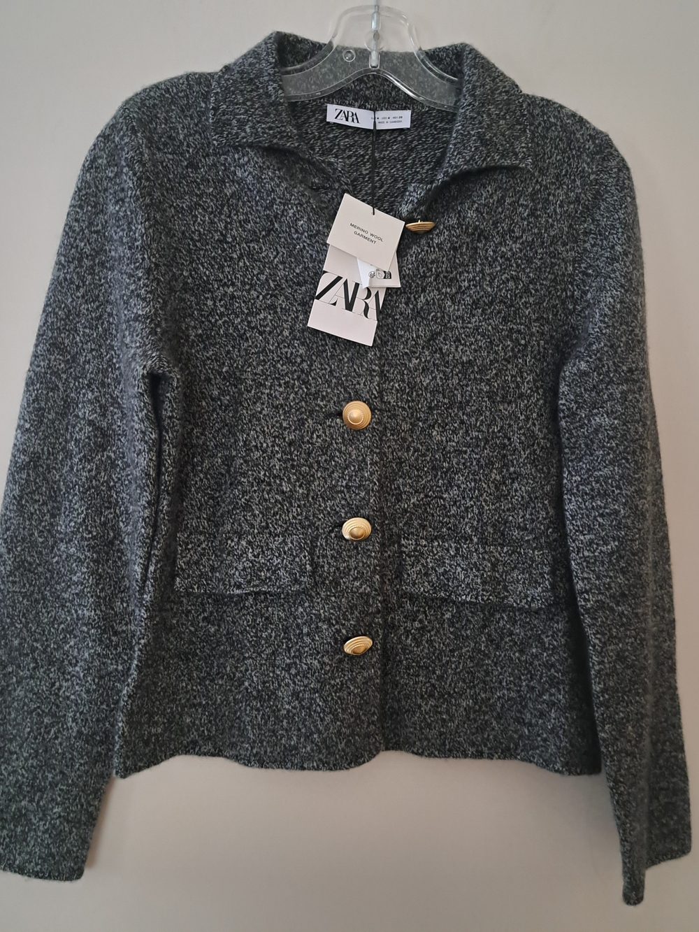 Zara Marled Dark Gray Knit Jacket with Gold Buttons